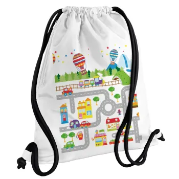 City road track maps, Τσάντα πλάτης πουγκί GYMBAG λευκή, με τσέπη (40x48cm) & χονδρά κορδόνια