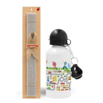 City road track maps, Easter Set, metallic aluminum water bottle (500ml) & aromatic flat Easter candle (30cm) (GRAY)