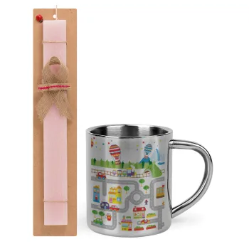 City road track maps, Easter Set, metallic thermal cup (300ml) & aromatic flat Easter candle (30cm) (PINK)