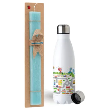 City road track maps, Easter Set, metallic stainless steel water bottle (750ml) & aromatic flat Easter candle (30cm) (TURQUOISE)