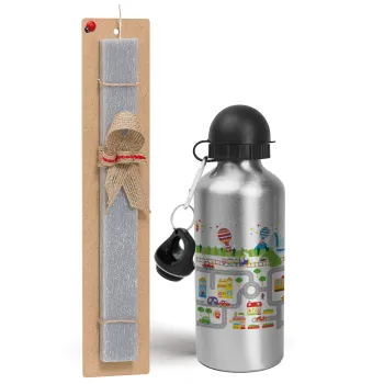 City road track maps, Easter Set, metallic silver aluminum water bottle (500ml) & aromatic flat Easter candle (30cm) (GRAY)