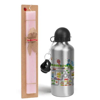 City road track maps, Easter Set, metallic Silver aluminum water bottle (500ml) & scented flat Easter candle (30cm) (PINK)
