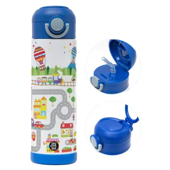City road track maps, Παιδικό παγούρι θερμό, ανοξείδωτο, με καλαμάκι ασφαλείας, ΜΠΛΕ (500ml)