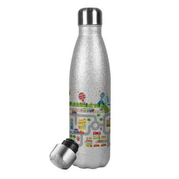 City road track maps, Metallic Glitter Silver Thermos Flask (Stainless steel), double-walled, 500ml