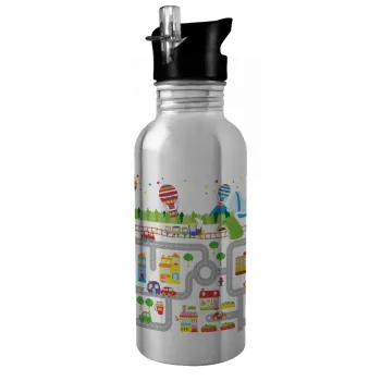 City road track maps, Water bottle Silver with straw, stainless steel 600ml