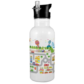 City road track maps, White water bottle with straw, stainless steel 600ml
