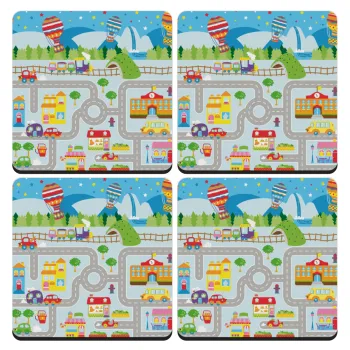 City road track maps, ΣΕΤ 4 Σουβέρ ξύλινα τετράγωνα (9cm)