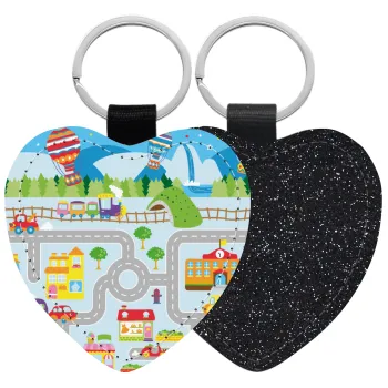 City road track maps, Μπρελόκ PU δερμάτινο glitter καρδιά ΜΑΥΡΟ