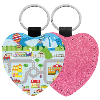 City road track maps, Μπρελόκ PU δερμάτινο glitter καρδιά ΡΟΖ