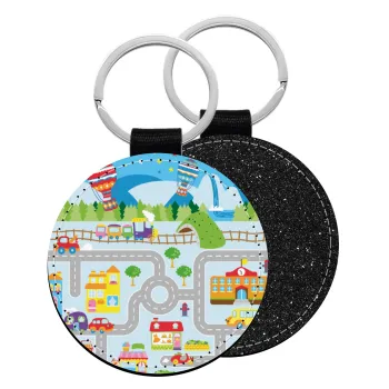 City road track maps, Μπρελόκ Δερματίνη, στρογγυλό ΜΑΥΡΟ (5cm)