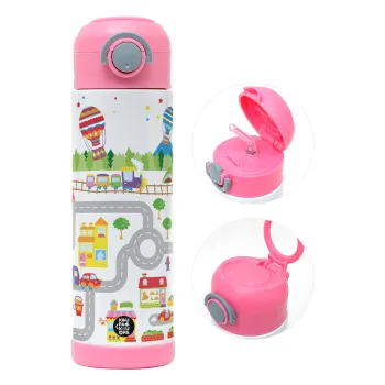 City road track maps, Children's hot water bottle, stainless steel, with safety straw, PINK (500ml)