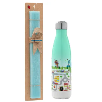 City road track maps, Easter Set, Metallic green/white thermos (Stainless steel), double-walled, 500ml & scented flat Easter candle (30cm) (TURQUOISE)