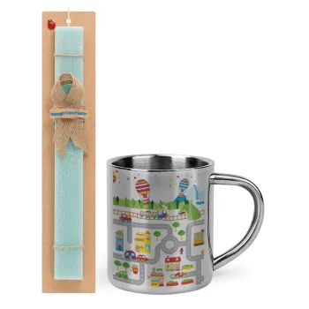 City road track maps, Easter Set, metallic thermal cup (300ml) & aromatic flat Easter candle (30cm) (TURQUOISE)