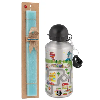 City road track maps, Easter Set, metallic silver aluminum water bottle (500ml) & scented flat Easter candle (30cm) (TURQUOISE)
