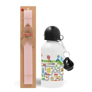 City road track maps, Easter Set, metallic aluminum bottle (500ml) & aromatic flat Easter candle (30cm) (PINK)