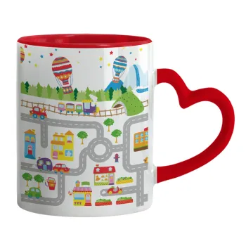 City road track maps, Mug heart red handle, ceramic, 330ml