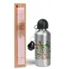 Easter Set, metallic Silver aluminum water bottle (500ml) & scented flat Easter candle (30cm) (PINK)
