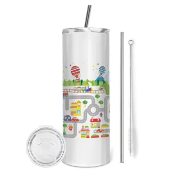 City road track maps, Tumbler ποτήρι θερμό από ανοξείδωτο ατσάλι 600ml, με μεταλλικό καλαμάκι & βούρτσα καθαρισμού