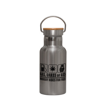 Gas, Grass or Ass, Stainless steel metallic thermos flask, silver with a bamboo lid, double-walled, 350ml.