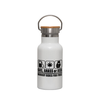 Gas, Grass or Ass, Μεταλλικό παγούρι θερμός (Stainless steel) Λευκό με ξύλινο καπακι (bamboo), διπλού τοιχώματος, 350ml