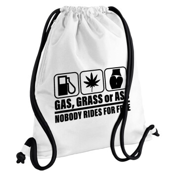 Gas, Grass or Ass, Τσάντα πλάτης πουγκί GYMBAG λευκή, με τσέπη (40x48cm) & χονδρά κορδόνια