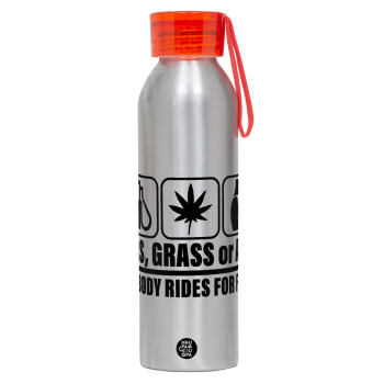 Gas, Grass or Ass, Aluminum Sports Bottle 650ml – Silver with Red Cap and Silicone Strap