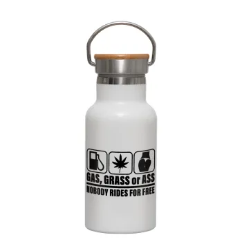 Gas, Grass or Ass, Metallic thermos (Stainless steel) White with wooden lid (bamboo), double-walled, 350ml