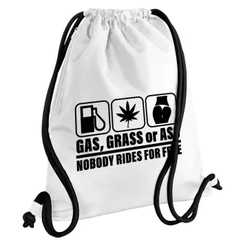 Gas, Grass or Ass, Τσάντα πλάτης πουγκί GYMBAG λευκή, με τσέπη (40x48cm) & χονδρά κορδόνια
