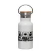 Metallic thermos (Stainless steel) White with wooden lid (bamboo), double-walled, 350ml