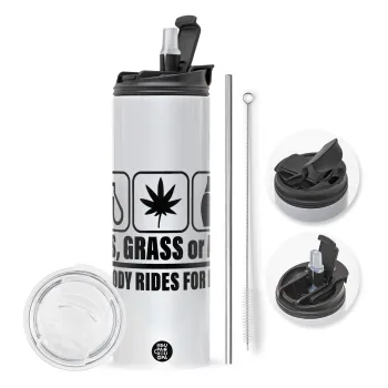 Gas, Grass or Ass, Travel Tumbler 2 Lids, with metal straw & cleaning brush (Stainless steel 304 Food grade, BPA free, 600ml)