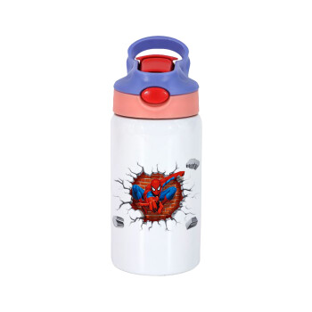 Spiderman wall, Children's hot water bottle, stainless steel, with safety straw, pink/purple (350ml)