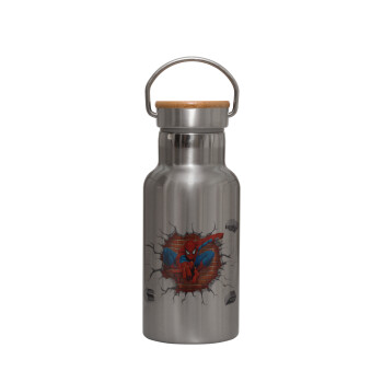 Spiderman wall, Stainless steel metallic thermos flask, silver with a bamboo lid, double-walled, 350ml.