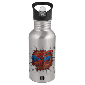 Spiderman wall, Water bottle Silver with straw, stainless steel 500ml