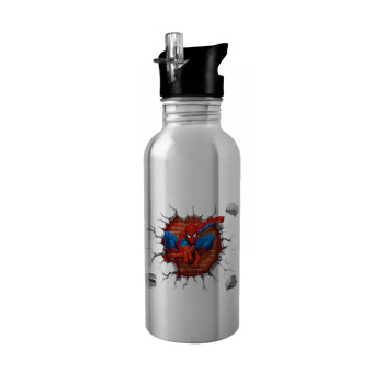 Spiderman wall, Water bottle Silver with straw, stainless steel 600ml