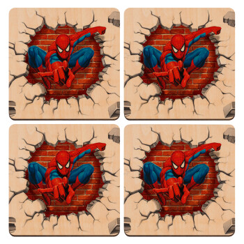 Spiderman wall, ΣΕΤ x4 Σουβέρ ξύλινα τετράγωνα plywood (9cm)