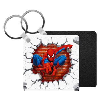 Spiderman wall, Μπρελόκ Δερματίνη, τετράγωνο ΜΑΥΡΟ (5x5cm)