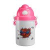 Spiderman wall, Ροζ παιδικό παγούρι πλαστικό (BPA-FREE) με καπάκι ασφαλείας, κορδόνι και καλαμάκι, 400ml