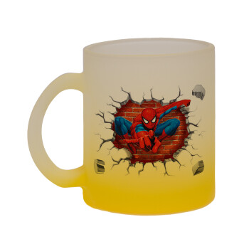 Spiderman wall, Κούπα γυάλινη δίχρωμη με βάση το κίτρινο ματ, 330ml