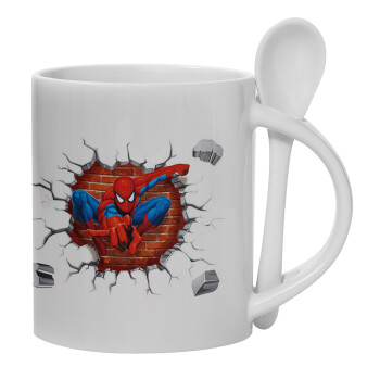 Spiderman wall, Ceramic coffee mug with Spoon, 330ml (1pcs)