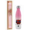 Easter Set, Metallic pink/white (Stainless steel) thermos, double-walled, 500ml & aromatic flat Easter candle (30cm) (PINK)