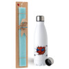 Easter Set, metallic stainless steel water bottle (750ml) & aromatic flat Easter candle (30cm) (TURQUOISE)