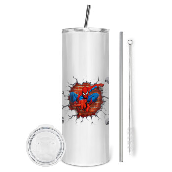 Spiderman wall, Tumbler ποτήρι θερμό από ανοξείδωτο ατσάλι 600ml, με μεταλλικό καλαμάκι & βούρτσα καθαρισμού
