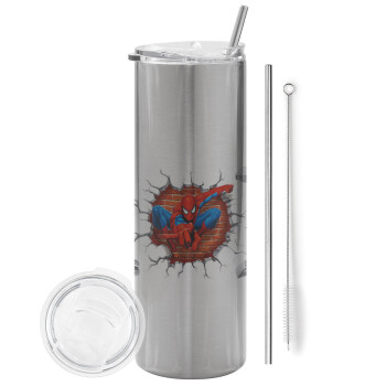 Spiderman wall, Eco friendly stainless steel Silver tumbler 600ml, with metal straw & cleaning brush