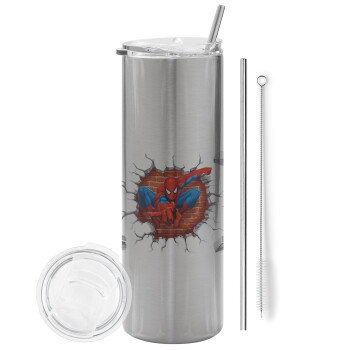 Spiderman wall, Tumbler stainless steel Silver 600ml, with metal straw & cleaning brush