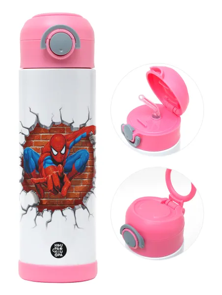 Spiderman wall — Children's hot water bottle, stainless steel, with safety straw, PINK (500ml)