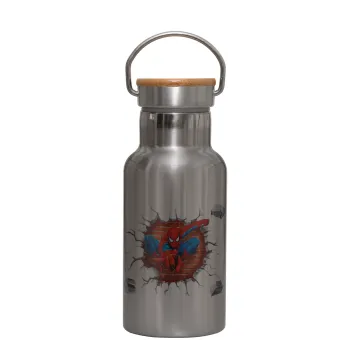 Spiderman wall, Stainless steel metallic thermos flask, silver with a bamboo lid, double-walled, 350ml.