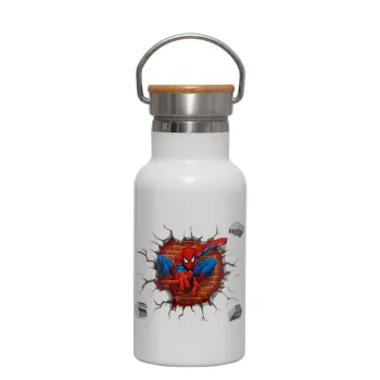 Spiderman wall, Μεταλλικό παγούρι θερμός (Stainless steel) Λευκό με ξύλινο καπακι (bamboo), διπλού τοιχώματος, 350ml