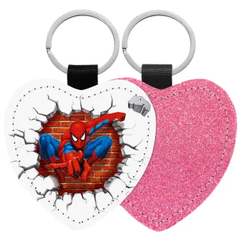 Spiderman wall, Μπρελόκ PU δερμάτινο glitter καρδιά ΡΟΖ