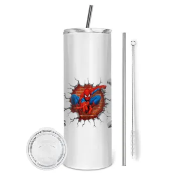 Spiderman wall, Tumbler ποτήρι θερμό από ανοξείδωτο ατσάλι 600ml, με μεταλλικό καλαμάκι & βούρτσα καθαρισμού