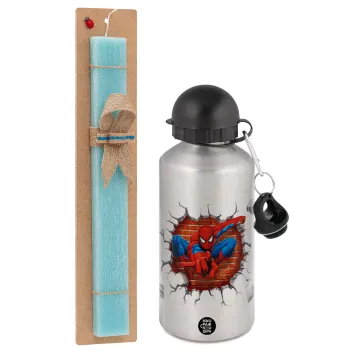 Spiderman wall, Easter Set, metallic silver aluminum water bottle (500ml) & scented flat Easter candle (30cm) (TURQUOISE)
